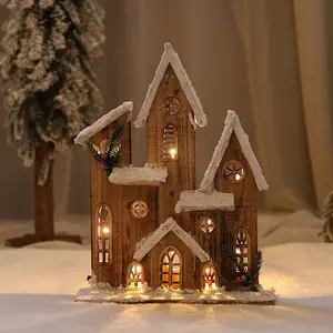 Nature color wooden craft country house table lamp christmas decoration led lights snowy style wooden house christmas lights