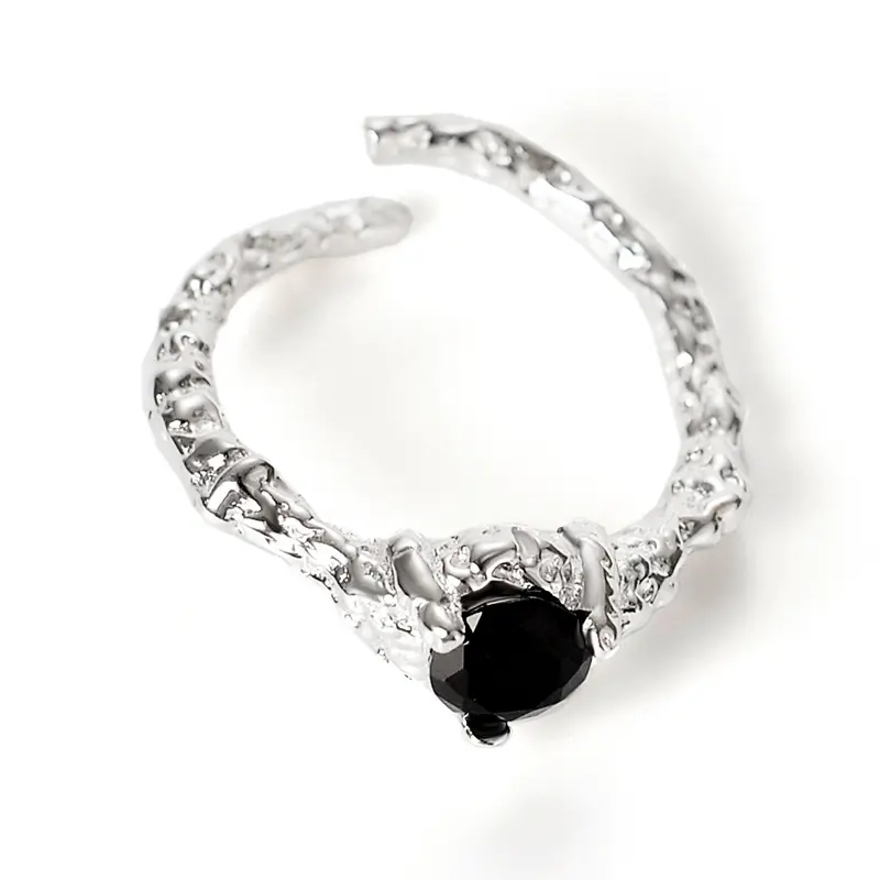 Anillo abierto de diamante negro de plata de ley 925, anillo de plata ajustable con superficie irregular personalizada, estilo coreano