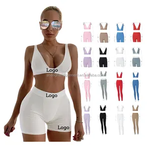 Logo personalizzato abbigliamento femminile tuta completi reggiseno a costine rosa nero bianco donna Set sportivo in due pezzi