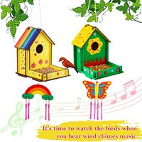 Kit de carillon éolien mangeoire à oiseaux en bois avec autocollants diamantés, bois brut, activités de peinture DIY pour enfants, loisirs créatifs extérieurs