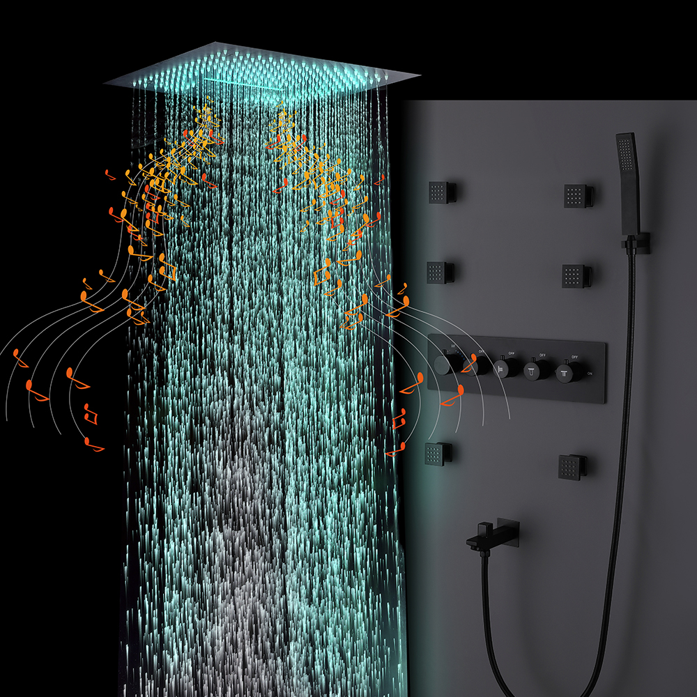 Lüks tavan monteli siyah termostatik led ışık müzik yağmur şelale banyo duş seti sistemi duş Combo seti