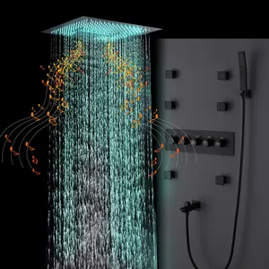 Luxus Decke montiert schwarz Thermostat LED Licht Musik Niederschlag Wasserfall Bad Dusch set System Dusche Combo Set