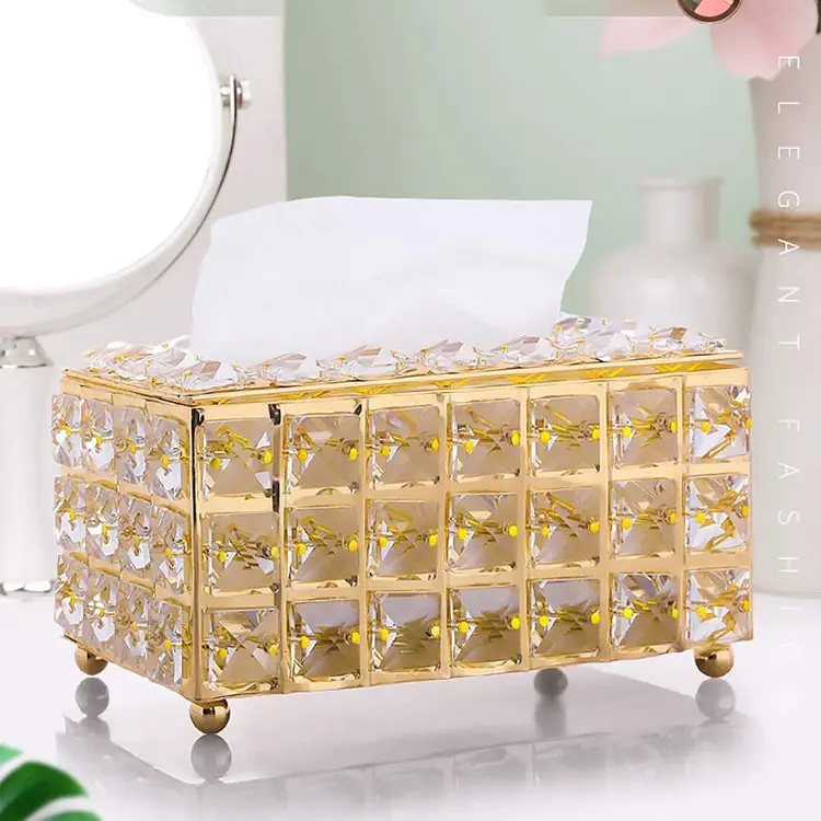 Kotak Tisu Manik-manik Kristal, Kotak Tisu Persegi Emas dan Perak Modis Mewah Ringan Kualitas Tinggi