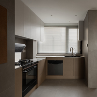Set Kabinet Dapur Modern Modular Ramah Lingkungan Warna Putih Motif Kayu Beige Abu-Abu Muda Laminasi Tanpa Gagang Unit Dinding dan Lantai Tinggi