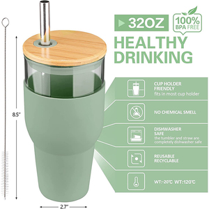 Gran oferta, vaso de vidrio de 32oz con pajita para jugo, botella de agua de vidrio ecológica con funda de silicona, tapa de Bambú - Product Image 5