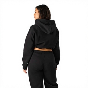 Conjunto de Sudadera con Capucha de Forro Polar de 2 Piezas para Mujer, Manga Larga, Top Corto, Color Negro Sólido, Corte Holgado Informal, para Todas las Temporadas, Ropa Deportiva - Product Image 2