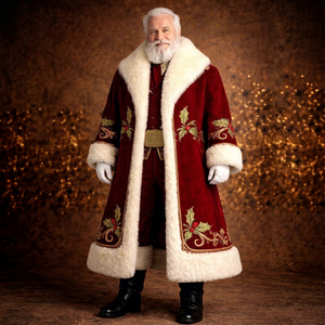 Costume de Père Noël en velours rouge avec bordure en fourrure blanche et broderie de houx pour hommes adultes - Product Image 1
