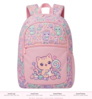 Mochila Escolar Primaria Personalizada de Fábrica con Estampado de Gato Kawaii y Caramelos para Niñas, Color Rosa, Linda, Ligera, con Logotipo OEM y Embalaje