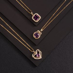 Collar con Colgante de Diamante Redondo Morado de Acero Inoxidable, Collar con Corazón de Cristal y Diamantes de Imitación Morados para Mujer - Product Image 2