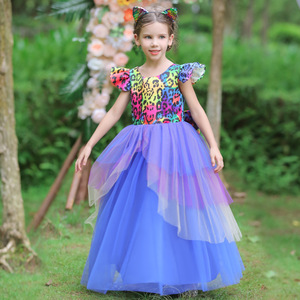 Vestido de niña de flores para niños, vestido de tul morado y azul, disfraz de cosplay con cuello redondo, talla mediana y grande - Product Image 4