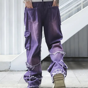 بنطلون جينز رجالي مخصص بتصميم Y2K ممزق ومغسول، سروال فضفاض بقطع مرقعة وحواف مهترئة، ملابس الشارع للرجال - Product Image 2