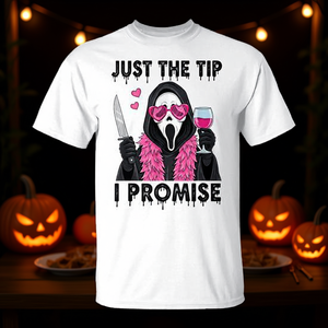 Camiseta Just The Tip I Promise Horror para adultos, unisex, blanca, 100% algodón - Product Image 3