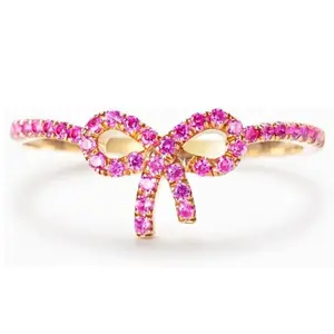 Balletcore Trend Delicate Gold plated Rhinestone Bow napkin Tie Kont Pink Bow Ring for woman