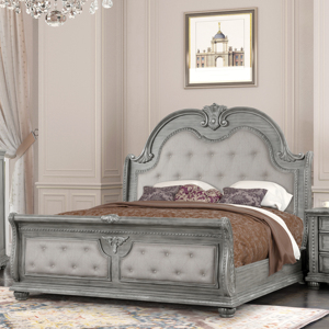 Juego de Dormitorio Europeo de Lujo en Gris - Cama Tipo Trineo Tapizada con Mechones - Product Image 1