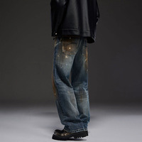 Celana Denim Grafiti Semprot Tinta Musim Gugur-Dingin Terbaru dengan Bahan Stretch, Model Longgar Lurus, Berat, Gaya Amerika, Celana Trendy Bermerek
