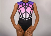 Justaucorps de gymnastique néon dégradé avec détails géométriques en strass, col halter, sans manches, en Spandex/Polyester