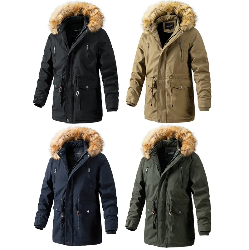 Orta uzunlukta ceket kürk yaka kaşmir sonbahar ve kış ile kalınlaşmış yeni kapüşonlu ceket kış uzun ceket erkekler için mont