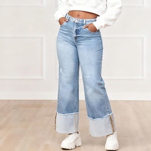 Nuevos Pantalones de Mujer de Color Puro Lavado con Dobladillos Plegables y Jeans Largos Ajustados a la Cadera, a la Moda - Product Image 4