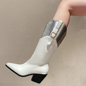 Botas de tacón de cuña grueso con punta en pico y diseño patchwork para mujer, talla grande 46, estilo vaquero con hebilla en la parte superior y hasta la rodilla - Product Image 2