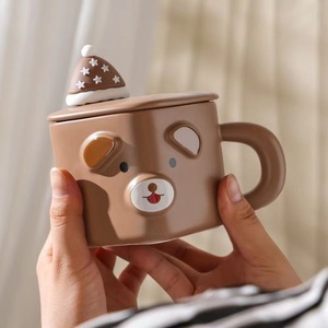 Tasse en céramique pour animaux de compagnie mignon dessin animé créatif tasse à eau domestique avec couvercle - Product Image 5