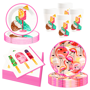 Juego de vajilla desechable con temática de flamencos DAMAI, platos de papel color morado claro para fiestas de verano en la playa, para 8 personas. - Product Image 4