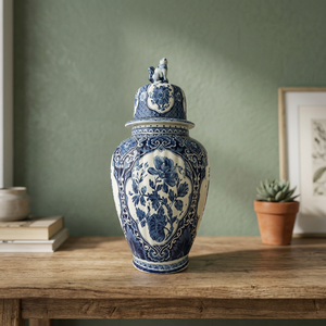 Urne en porcelaine bleue et blanche avec motif floral et décoration de finition animale - Product Image 3