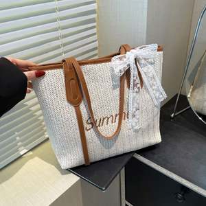 Bolso Tote Casual de Moda para Mujer, Color Sólido, Diseño Tejido Estampado, Decoración con Cinta de Seda, Ligero, con Cierre, Gran Capacidad para Uso Diario - Product Image 4