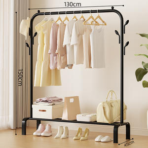 Étagère en tissu métallique à tige unique personnalisable avec 6 crochets Étagère inférieure mobile pour chaussures Vêtements Séchage Chambre Balcon Porte-vêtements - Product Image 1