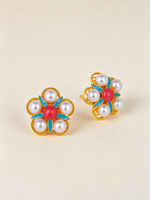 Boucles d'oreilles clous et crochets en argent sterling 925 plaqué or, motif fleur de prunier, perle naturelle, bijoux vintage avec émail coloré