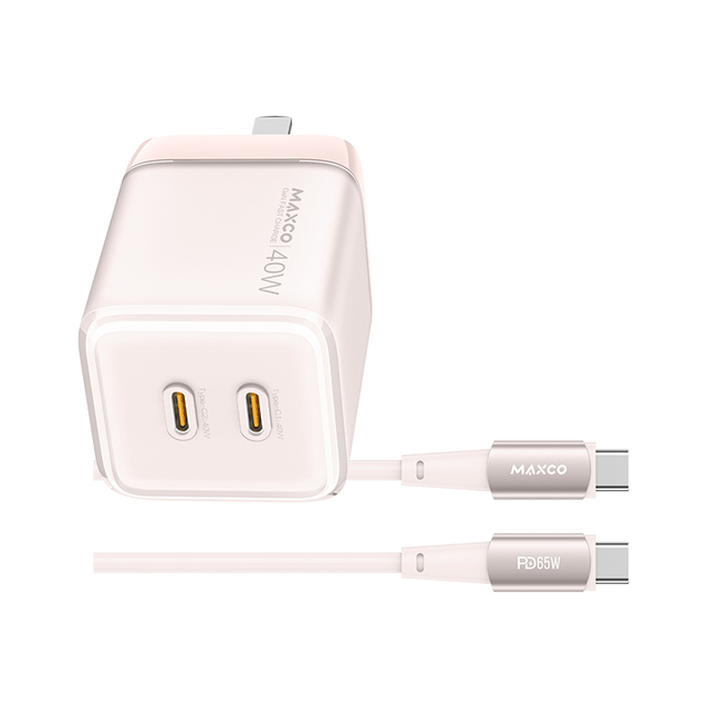 Maxco 40W GaN Fast Charger With Foldable Plug , Dual-Port USB-C Charger Set Stylish Wall Charger Kit for iPhone Android Phone