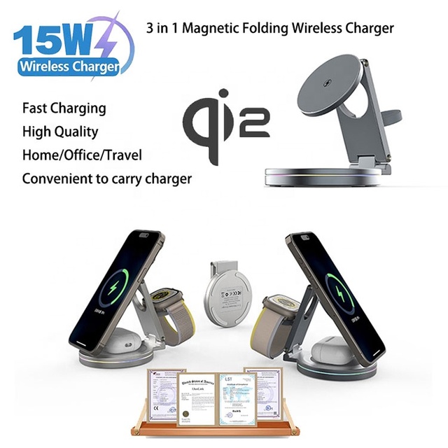 Magnetic 15W 3 in 1 Wireless Phone Charger Stand for Iphone Watch Foldable Wireless Mobile Charger