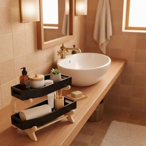 Wooden Desktop <b>Storage</b> <b>Tray</b> Double Layer Rectangle Varnished Multipurpose Organizer For Bathroom Toiletries - Product Image 1