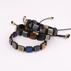 Nuovo Bracciale da <span class=keywords><strong>Uomo</strong></span> alla Moda con Perline Quadrate da 10mm in Occhio di Tigre e Agata, Pietra Naturale Intrecciata con Charm CZ e Logo Personalizzato - Product Image 6