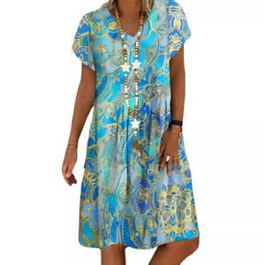 V-<b>neck</b> Printed Casual Dress Loose Waist Short Sleeve Floral Pattern Daily Wear Summer Style <b>Light</b> Blue And Red - Product Image 5