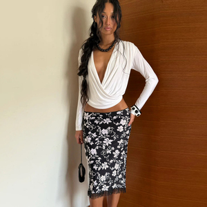 Women Retro Floral Print Fringe Hem Bodycon Skirt Black White Contrast <b>High</b> Waist Pencil Skirt Sexy Y2K Midi Skirt - Product Image 5