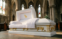 Cercueil funéraire en acier blanc de style américain avec poignées dorées et intérieur en velours