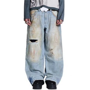 กางเกงยีนส์เดนิมหนาน้ำหนักมากคุณภาพสูงสไตล์วินเทจสั่งทำโลโก้ได้ ล้างสีแบบ Dirty Washed ขอบขาดๆ ทรง Baggy สำหรับผู้ชาย ขายส่ง - Product Image 1