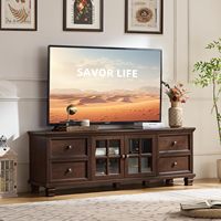 Meuble TV de style farmhouse de 62 pouces avec 4 tiroirs et 2 armoires à portes vitrées, console multimédia en bois rustique avec étagères réglables pour téléviseurs jusqu'à 70 pouces