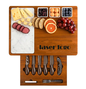 Grand plateau de charcuterie, plateau en <span class=keywords><strong>marbre</strong></span> et plateau de service en bois d'acacia, plateau gravé au laser avec couteau, ouvre-bouteille - Product Image 1
