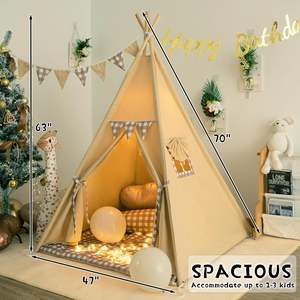 Imprimir Gingham Kids Play Tent Play House Toys Carpa tipi para niños pequeños con alfombrilla acolchada Bunting Banner Fairy Lights - Product Image 5