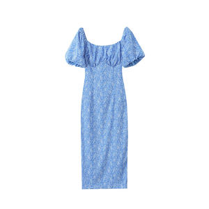 Vestido lápiz de cintura alta con estampado floral azul para mujer, talla grande, cuello cuadrado, N8834 - Product Image 1