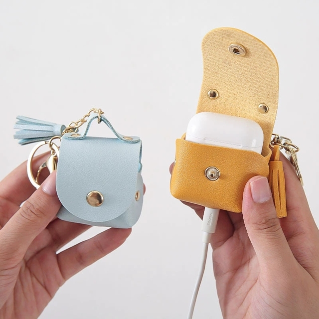 BlueTooth Earphone Cover PU Leather Key Chains Small Earphone Protective Bag Keychain Tassels Pendant Accessories