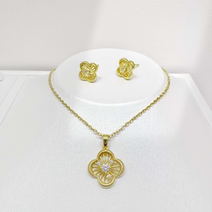 custom plata 925 sterling silver Gold Plated 14k Flower Crystal jewelry sets clover bow wedding women <b>Necklace</b> and Earring Set - Product Image 4