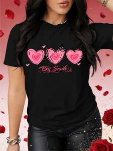 T-shirt da donna Big Smile con stampa a cuore di San Valentino, girocollo, manica corta, casual, traspirante, in cotone leggero, primavera estate - Product Image 3