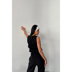 Ensemble chemisier-pantalon GOFRE noir avec détail ruban, coupe ample, col à revers, longueur courte, couleur unie, disponible pour l'été et l'hiver, tailles XL, 2XL, 3XL - Product Image 1