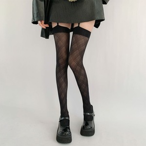 Women Thigh High Stockings 15D Diamond Stripe Check Transparent Suspender Style Black Polyester Fiber - Product Image 3
