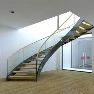 Holz schritt glas schienen gebogene Treppe mit edelstahl stringer und glas geländer