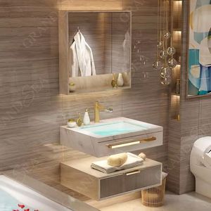 Set wastafel ganda 150cm mewah mengambang, kabinet Modern kamar mandi meja rias Led cermin dinding berlampu - Product Image 5