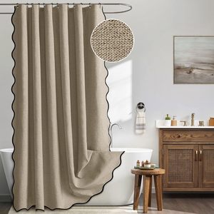 Rideau de douche en tissu mélangé de <span class=keywords><strong>lin</strong></span> de luxe avec bord ondulé Polyester imperméable populaire 12 crochets noirs pour une utilisation classique dans la salle de bain - Product Image 6