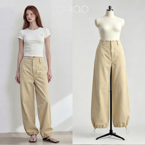 Pantalones anchos de <span class=keywords><strong>mujer</strong></span> con cordón en el bajo, color <span class=keywords><strong>beige</strong></span>, cintura alta, informales, de verano, OEM, proveedor de fábrica de China, ODM - Product Image 1